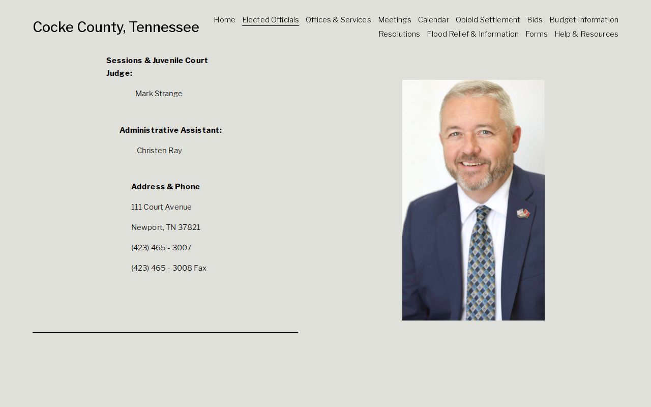 Cocke County court contact page distinguishing Sessions and Juvenile Court records