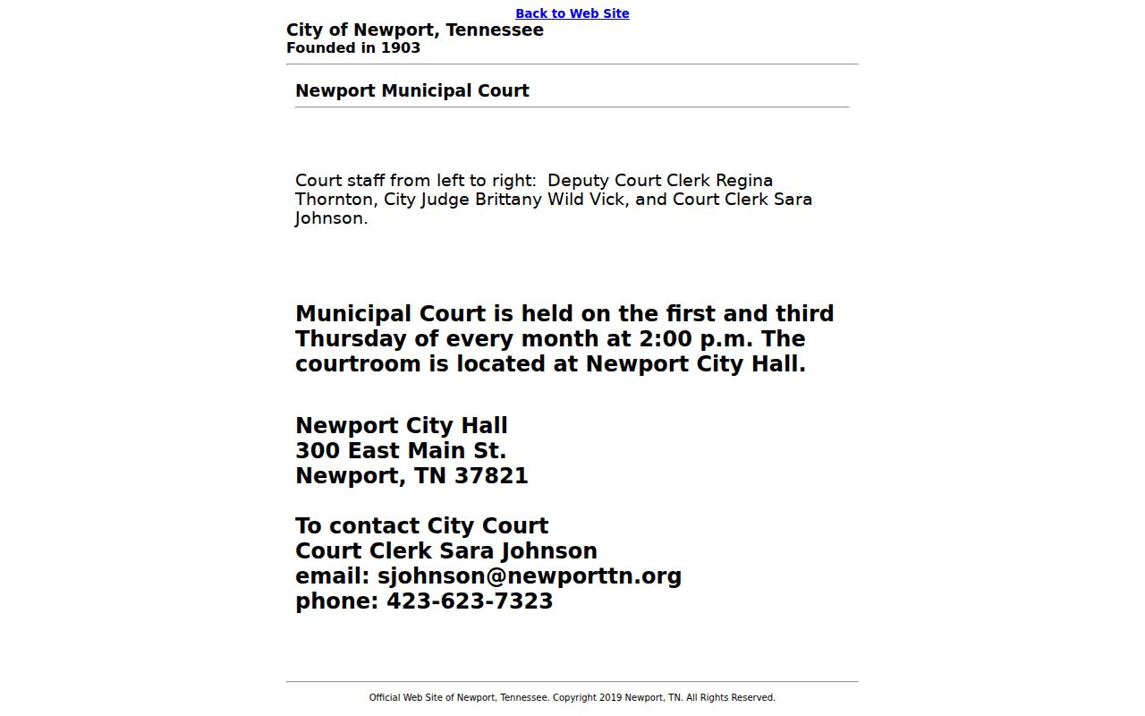 Cocke County Newport Municipal Court schedule and clerk contact for city warrants