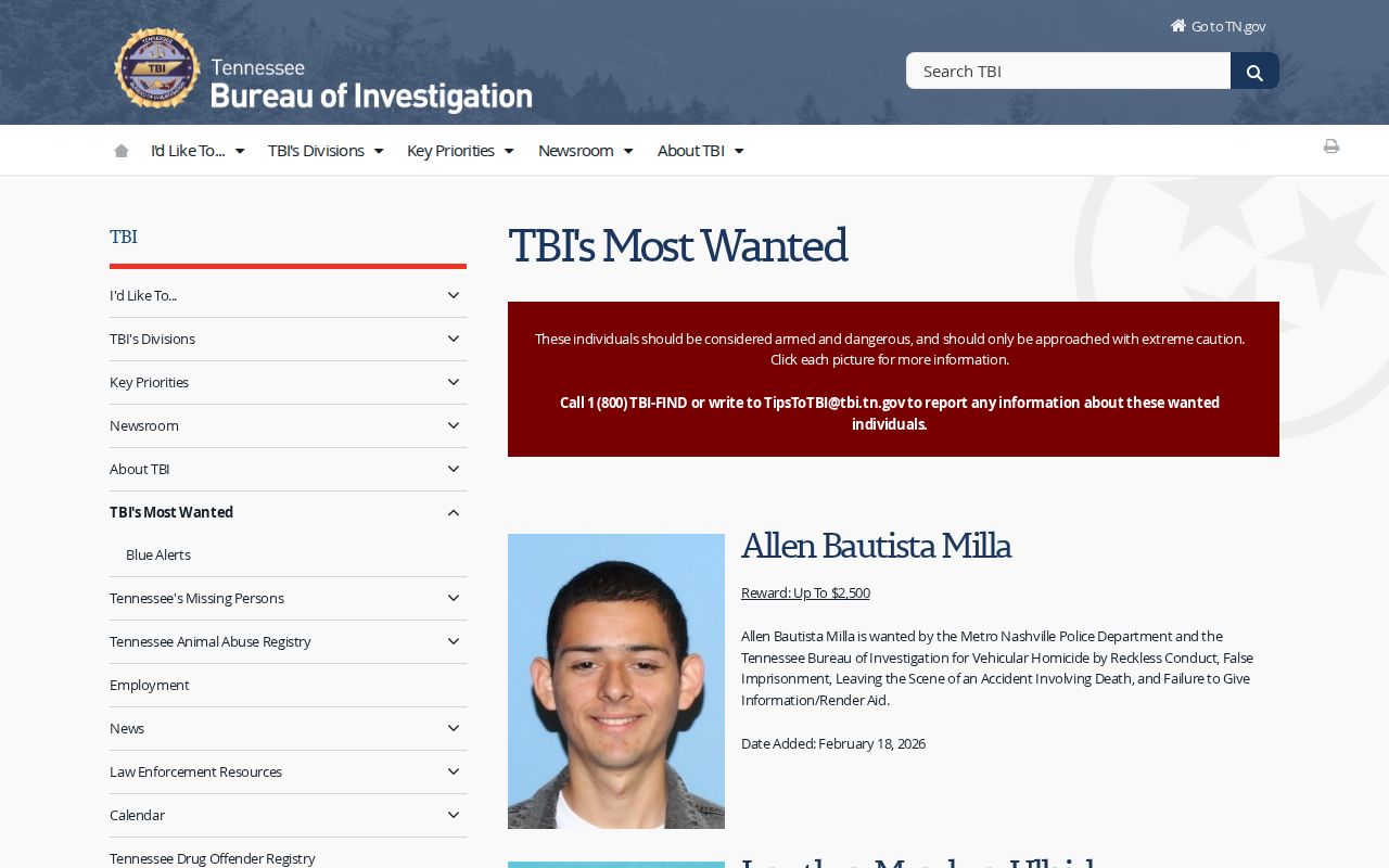 Cocke County most wanted reference showing official TBI program criteria without a profile card