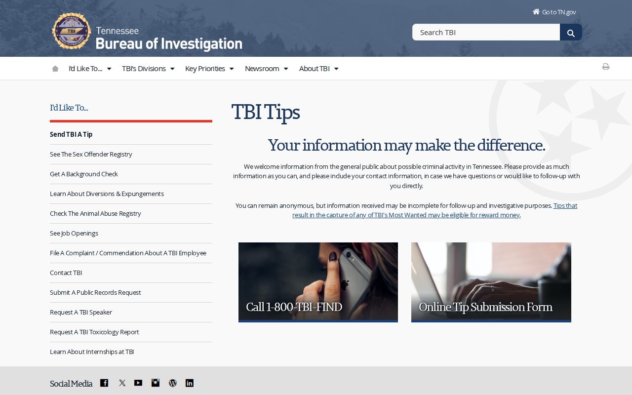 Cocke County most wanted tip instructions from the official Tennessee Bureau of Investigation page