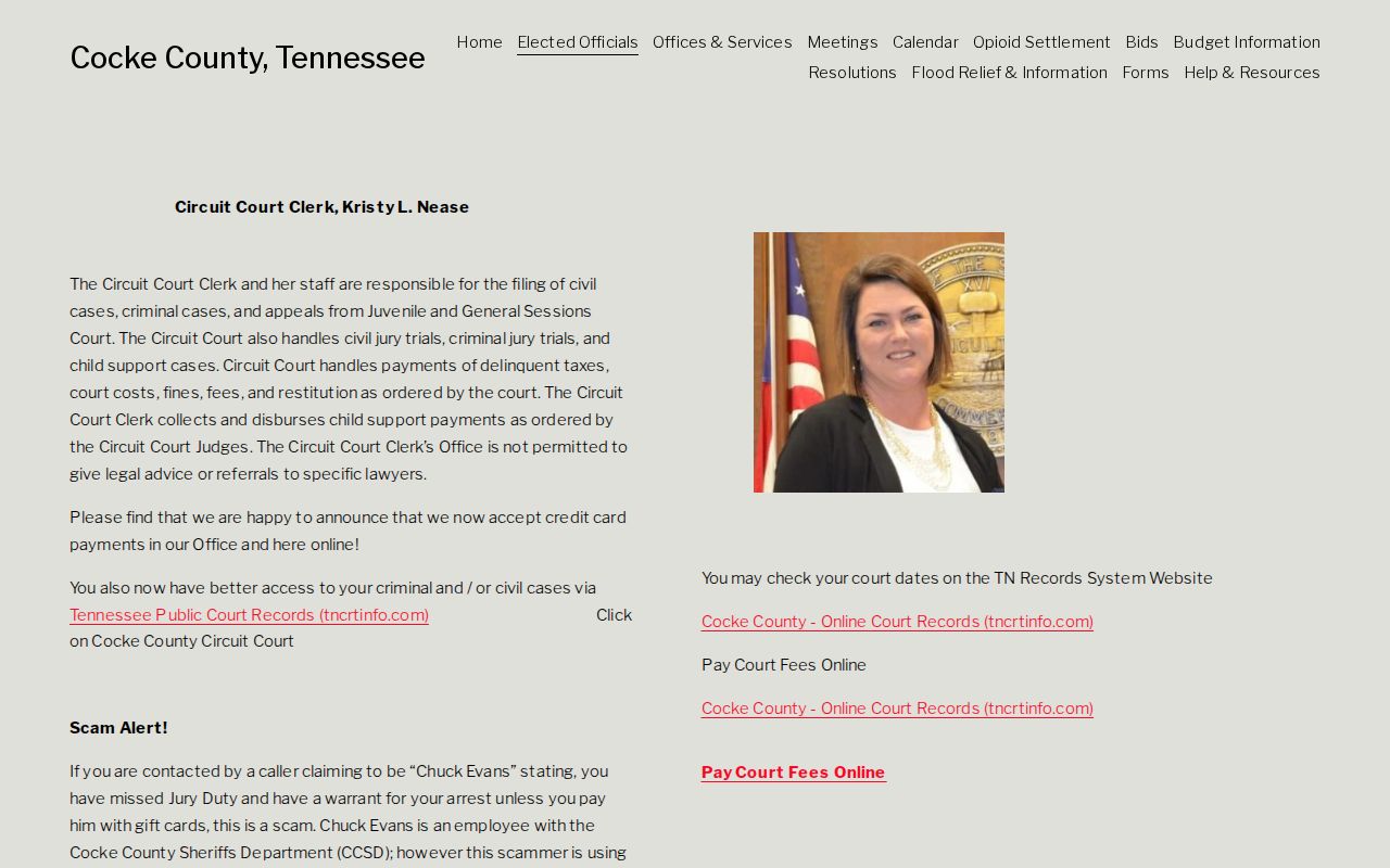 Cocke County warrant case-record route on the official Circuit Court Clerk page