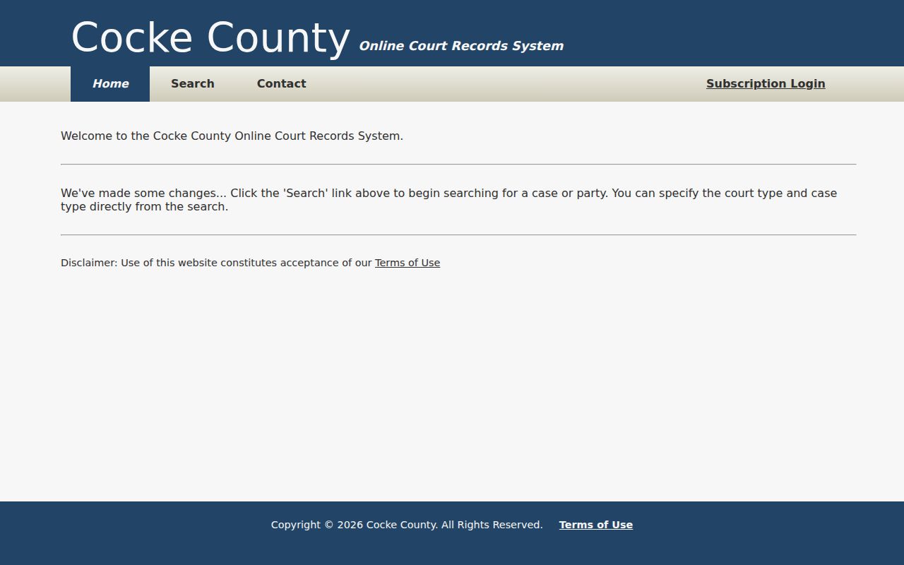 Cocke County warrant records portal landing page for Circuit and General Sessions cases