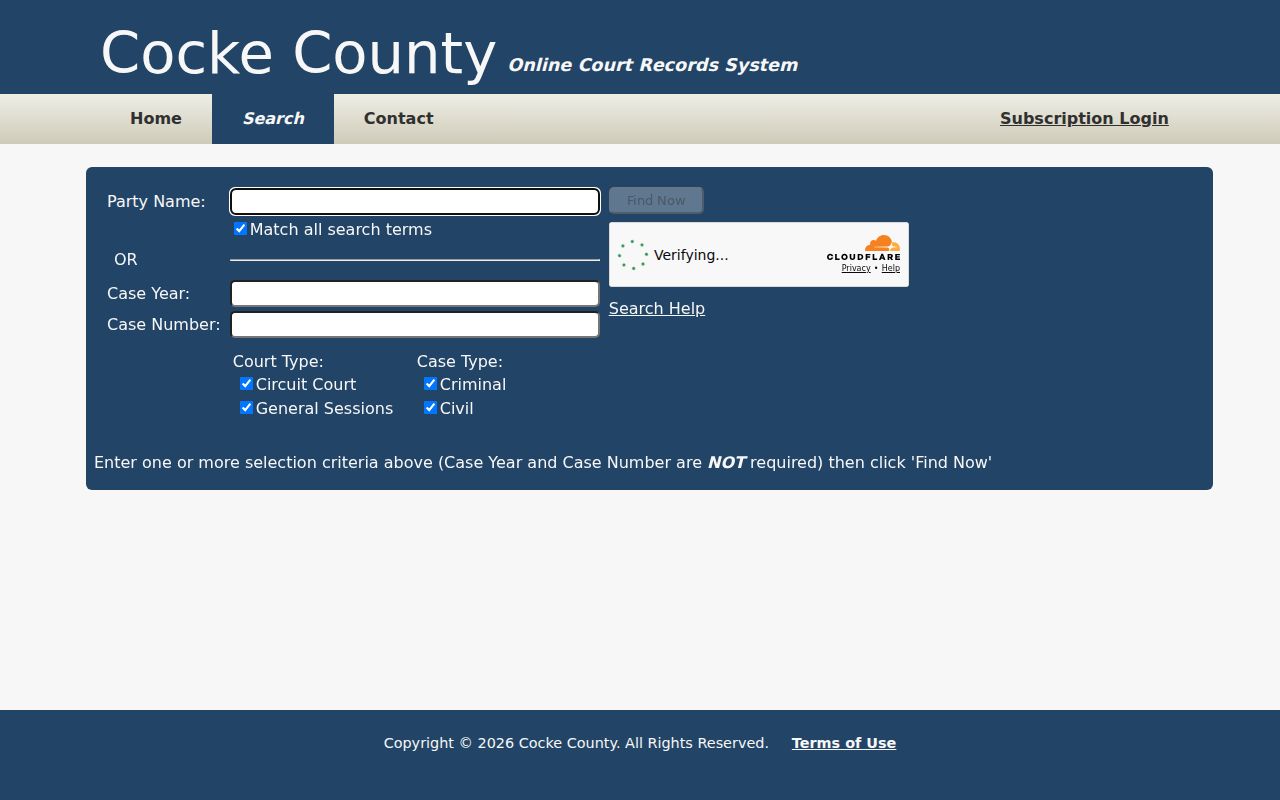Cocke County warrant search interface with Party Name, Case Year, Court Type, and Case Type controls